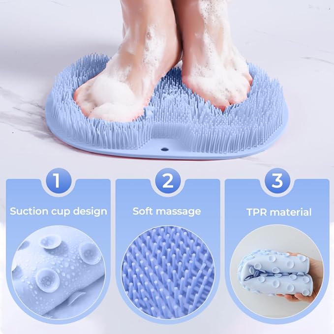 Shower Foot Scrubber Mat with Non-Slip Suction Cups, Non Slip Bathtub and Shower Mat with Suction Cups and Drain Holes, Foot Back Cleaning Pad Back Washer Exfoliating Bath Wash Pad (Green)