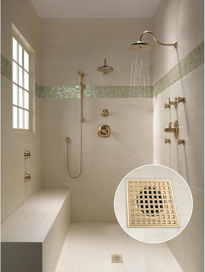 Uni-Green Champagne Bronze Shower Drain 4-1/4 Inch - Square Gold Shower Drain Kit with ABS Flange for 2" or 3" Pipe - Low Profile 304 Stainless Steel Shower Floor Drain Kit with Hair Carcher