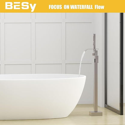 BESy Tub Filler Freestanding Bathtub Faucet Brushed Nickel Floor Mount Tub Faucet Waterfall Free Standing Bathtub Filler High Flow Brass Bath Shower Faucets with Handheld Sprayer