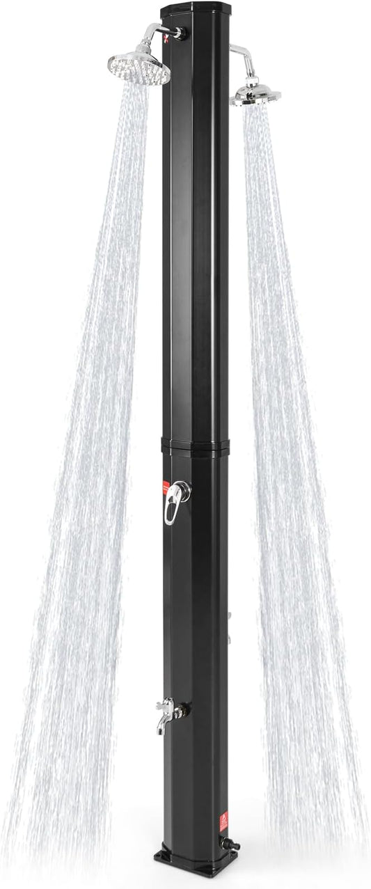 Goplus 9.3 Gallon Solar Heated Outdoor Shower, 7.2 FT Freestanding Garden Shower with Dual Swivel Shower Heads & 2 Foot Showers, Adjustable Temperature,for Poolside Backyard Beach