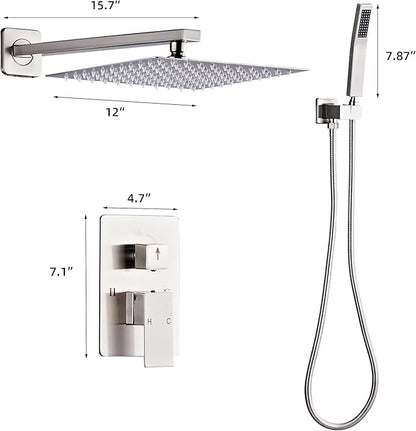 Shower Faucet Set, Rainfall Shower System Complete Wall Mounted for Bathroom with 12 Inch Shower Head and Handheld Rain Mixer Combo Kit with Shower Valve and Shower Trim, Brushed Nickel