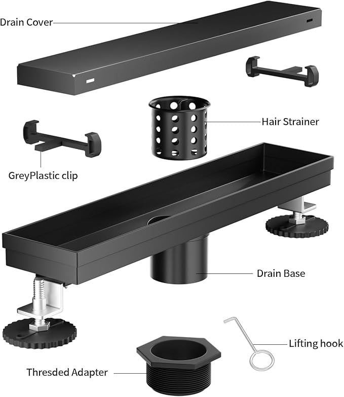 Linear Shower Drain, 304 Stainless Steel with Adjustable Leveling Feet, Hair Strainer,Reversely Install Place to Create an Invisible Floor Drain - Black -32-Inch