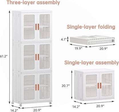 Storage Bins with Lids and Doors Storage Cabinet with Wheels Plastic Stackable Pantry Cabinet Cupboard Closet Foldable Kitchen Collapsible Storage Bins for Book Snack and Bathroom Organizer