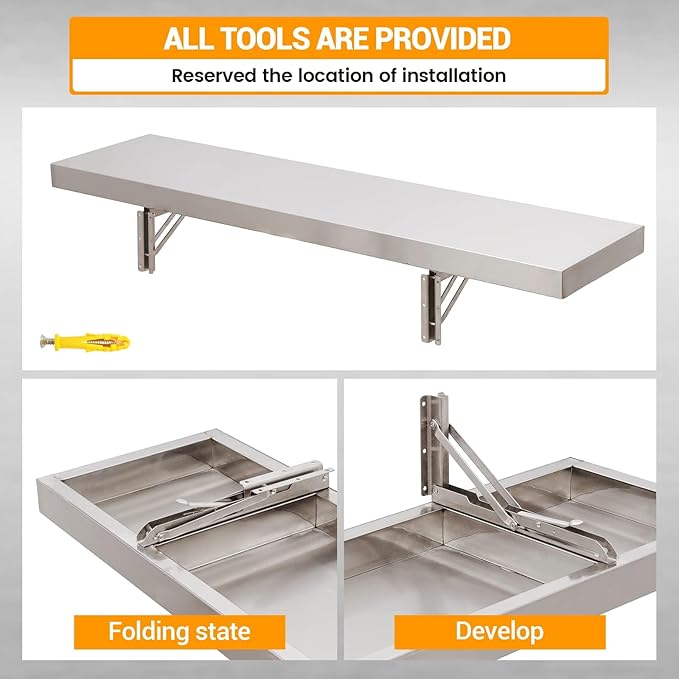 Folding Concession Shelf 48" L x 12" W, Stainless Steel Folding Serving Food Shelf, Heavy Duty Drop Down Wall Mount Shelving for Concession Windows, Food Truck, Kitchen, Garage