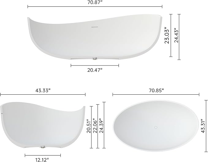 Stone Resin Freestanding Bathtub 71", Elegant Oval Shape Soaking Tub, Solid Surface Stand Alone Bathtub with Drain & Integrated Slotted Overflow Matte White AMMG015-1800
