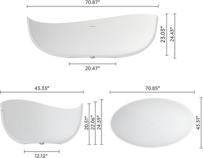 Stone Resin Freestanding Bathtub 71", Elegant Oval Shape Soaking Tub, Solid Surface Stand Alone Bathtub with Drain & Integrated Slotted Overflow Matte White AMMG015-1800
