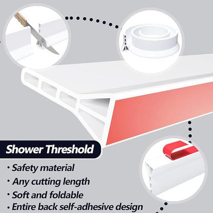 Raycity 3" High Shower Threshold Water Dam 59 IN Collapsible Shower Water Splash Guard for Curbless Shower Threshold Barrier Water Stopper for Wet and Dry Separation Bathroom and Kitchen (White)