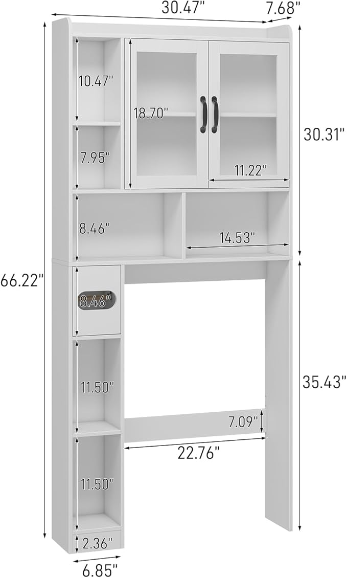 Vabches Over The Toilet Storage Cabinet, Farmhouse Storage Cabinet Over Toilet with Acrylic Doors，Home Space-Saving Toilet Rack, for Bathroom, Restroom, Laundry, White