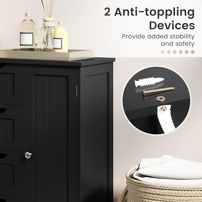Tangkula Bathroom Floor Cabinet, Freestanding Storage Cabinet with 4 Drawers & Single Door, Adjustable Shelf, Multipurpose Bathroom Storage for Home Office, 21.5 x 12 x 32.5 Inches (Black)
