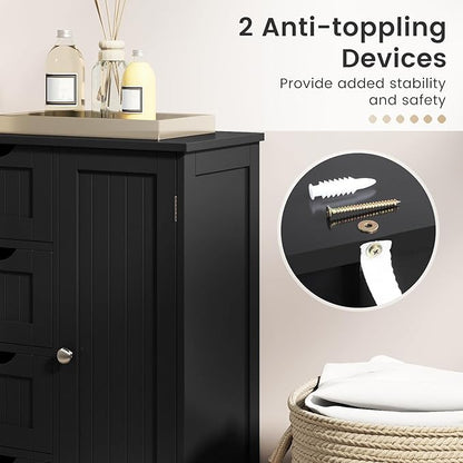 Tangkula Bathroom Floor Cabinet, Freestanding Storage Cabinet with 4 Drawers & Single Door, Adjustable Shelf, Multipurpose Bathroom Storage for Home Office, 21.5 x 12 x 32.5 Inches (Black)