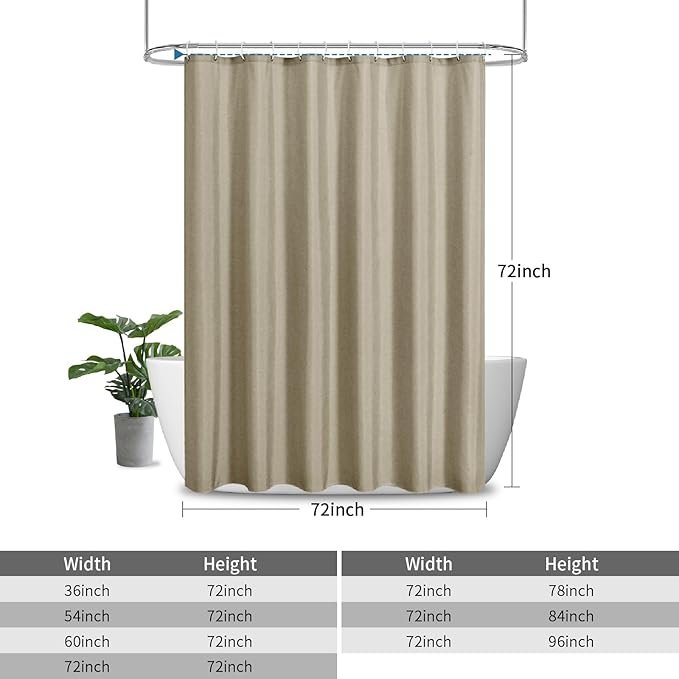 2-in-1 Waterproof Fabric Shower Curtain or Liner,Linen Textured,Breathable TPU & Washable Bathroom Shower Curtain Set with 12 Plastic Hooks,Modern,72"x72" Khaki