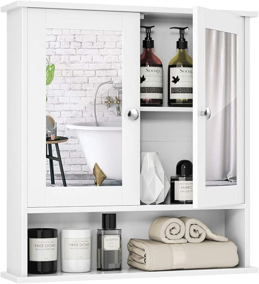Tangkula Bathroom Medicine Cabinet with Mirror, Wall Mounted Wooden Hanging Organizer with Doors and Shelves, Bathroom Wall Mirror Cabinet (Mirror Doors, White)