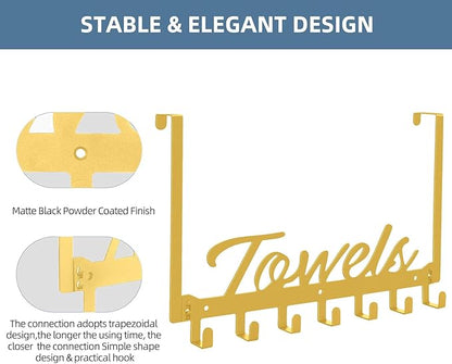 Over The Door Hooks, Heavy Duty Wall Mount Towel Hanger with 7 Hooks for Bedroom Bathroom Pool Kitchen Towels, Bag, Coats (Gold)