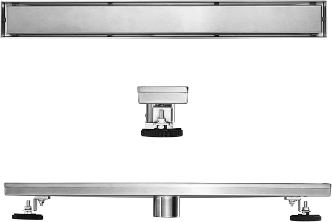 HEATGENE Linear Shower Drain 48-Inch, Stainless Steel Rectangle Shower Floor Drain with 2-in-1 Flat & Tile Insert Cover, Shower Drain with Leveling Feet & Hair Strainer, Brushed