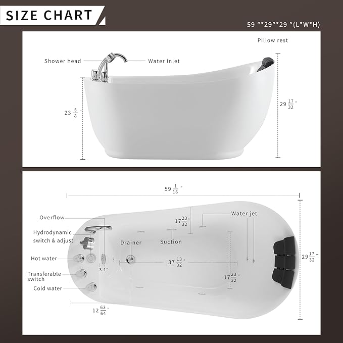 Empava 59 Inch Acrylic Freestanding Whirlpool Tub, Hydromassage Gracefully Oval Shaped Whirlpool 7 Water Jets Soaking SPA, Lumbar and Neck Support, Black Pillow, ETL Certified, White