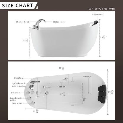 Empava 59 Inch Acrylic Freestanding Whirlpool Tub, Hydromassage Gracefully Oval Shaped Whirlpool 7 Water Jets Soaking SPA, Lumbar and Neck Support, Black Pillow, ETL Certified, White