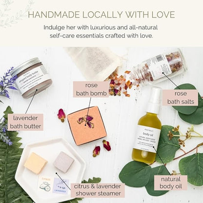 Self Care Gift Basket for Mom: New Mommy Care Package Pampering Gift Set with Bath Accessories and Natural Skincare Products. Our Spa Day Kit for Women is the ideal Birthday Gift Basket for her.