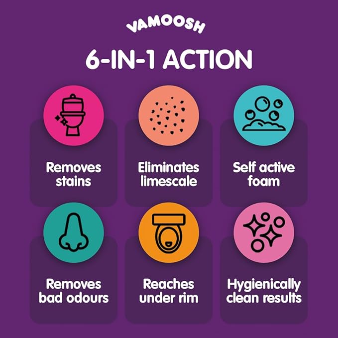 Vamoosh 6-in-1 Foaming Toilet Bowl Cleaner | Self-Activating Foam Technology | Stays Active for 10 Minutes | Easy to Use | Removes Stains | Eliminates Limescale & Removes Odor | 100g (Pack of 12)