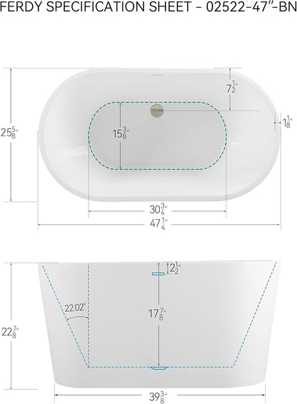 FerdY Shangri-La 47" Acrylic Freestanding Bathtub with Headrest, Small Classic Oval Shape Acrylic Soaking Bathtub with Brushed Nickel Drain & Overflow& Bath Pillow, cUPC Certified