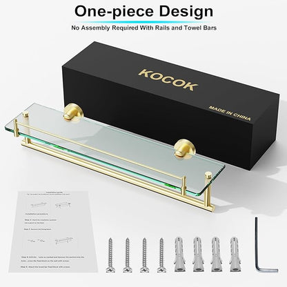 Towel Rack with Tempered Glass Shelf for Bathroom 20 Inch, Brushed Gold Floating Wall Mount Storage