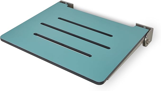 18 inch Silhouette Slimline Folding Wall Mount Shower Bench Seat, Teal Seat with Silver Frame