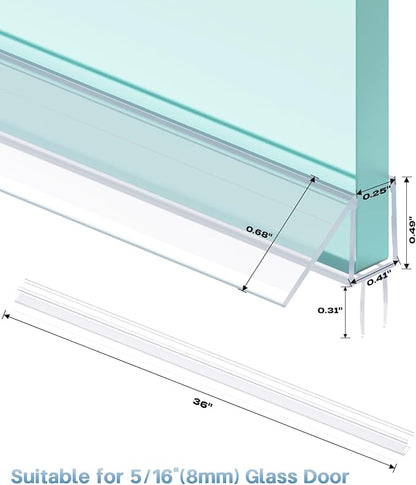 Shower Door Bottom Seal Strip, 2PCS Seal Strip, Ultra Clear PVC, 36" Length, Fits 8mm Thick Glass, Prevents Leaks, Easy Installation, No Adhesive Required (Ultra Clear, 36in for 5/16"(8mm) Door)