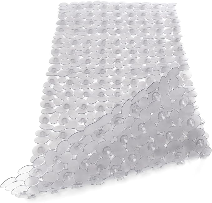 WELTRXE Non Slip Bathtub Mat 35 x 16 Inches Pebbles Shower Mats with Suction Cups, Drain Holes for Bathroom Showers, Tub, Machine Washable Bathroom Mats BPA, Latex Free Safe Tub Mats - Clear Gray