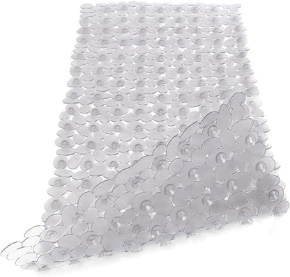 WELTRXE Non Slip Bathtub Mat 35 x 16 Inches Pebbles Shower Mats with Suction Cups, Drain Holes for Bathroom Showers, Tub, Machine Washable Bathroom Mats BPA, Latex Free Safe Tub Mats - Clear Gray