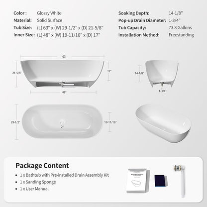 Abruzzo 63" Freestanding Solid Surface Bathtub - Engineered Stone Resin Soaking Tub with Overflow & Pop-Up Drain, cUPC Certified Glossy White, 74-Gallon Capacity Oval Tub for Modern Bathrooms