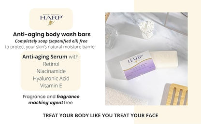 HARP Anti-Aging Body Wash Bar With Retinol + Niacinamide, Vitamin E, Hyaluronic Acid. 100% Syndet Base. Soap/Lye/Dyes and preservative-free. Non-comedogenic. FRAGRANCE FREE. 5oz