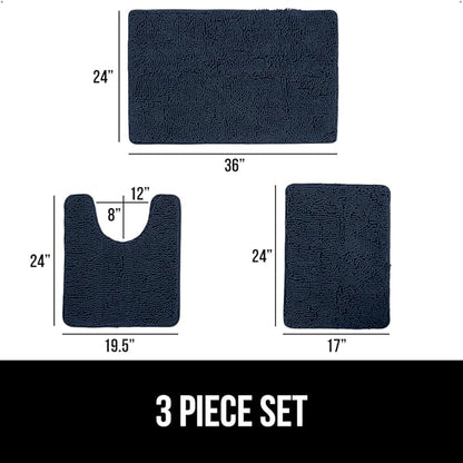 GORILLA GRIP Bathroom Rug Sets 3 Piece, Bath Mat Set and Oval Toilet Base with Rubber Backing, Plush Absorbent Shaggy Chenille Washable Mats, Includes 24x19.5, 24x17 and 36x24 Inch Rugs, Navy