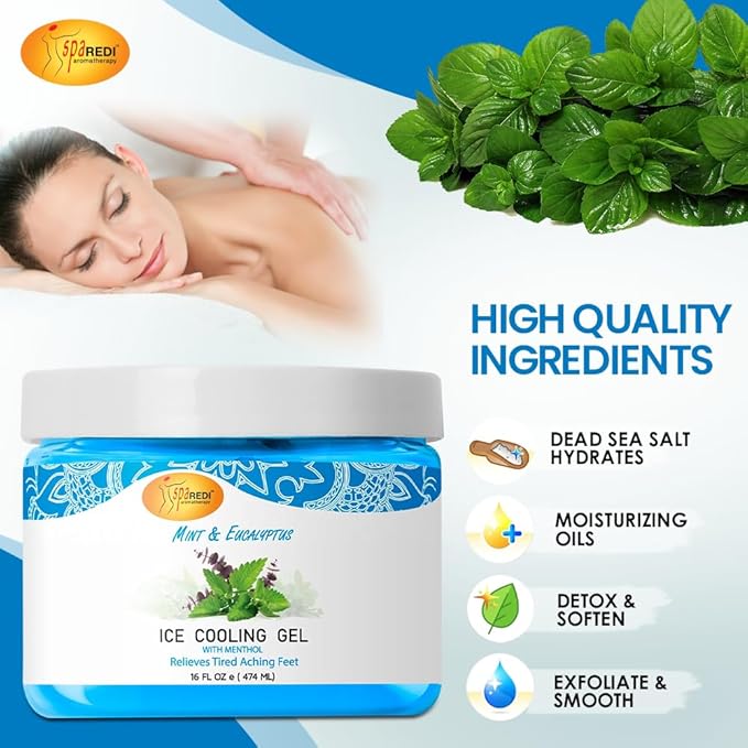 SPA REDI - Massage Cooling Gel for Pedicure, Mint and Eucalyptus Oil with Menthol 16 Oz, Peppermint Extract - Professional Strength Pedicure Foot and Leg Ice Cooling Gel Massage Therapy,