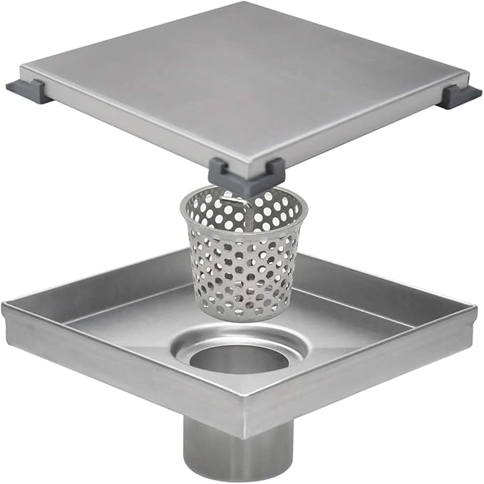 Square Shower Drain, Shower Drain 6 inch with 2 in 1 Tile-Insert Cover, Brushed AISI 304 Stainless Steel Shower Floor Drain with Hair Catcher