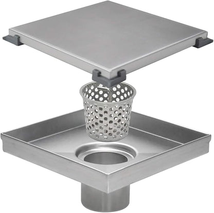 Square Shower Drain, Shower Drain 6 inch with 2 in 1 Tile-Insert Cover, Brushed AISI 304 Stainless Steel Shower Floor Drain with Hair Catcher