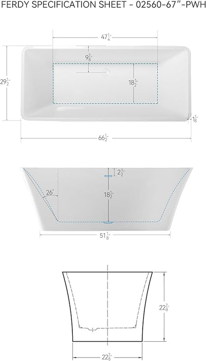 FerdY Sentosa 67" Acrylic Freestanding Bathtub, Contemporary Design Soaking Tub with Polished White Drain and Minimalist Linear Design Overflow, Easy to Install