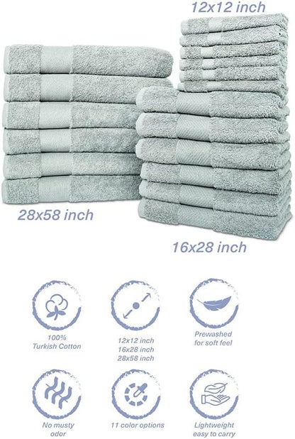 Hencely 18-Piece Bath Towel Set - High Absorbency, Quick Drying - 100% Soft Turkish Cotton - 6 Bath Towels, 6 Hand Towels, 6 Washcloths - Bathroom, Home, Hotel, Spa, and Gym - 18-Pack Light Green