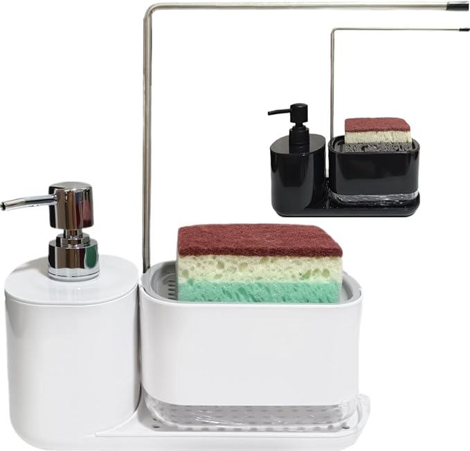 Dish Soap Dispenser & Sponge Holder 3-in-1 with Dual Pump & Drain Tray & Drying Pole - Multifunctional Kitchen Sink/Bathroom Organizer for Sponges and Hand Soap (White)