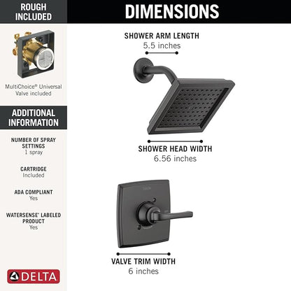 Delta Geist 14 Series Shower Faucet Set, Matte Black Shower Head and Handle Set, Valve Trim Kit, Matte Black 142864-BL (Valve Included)