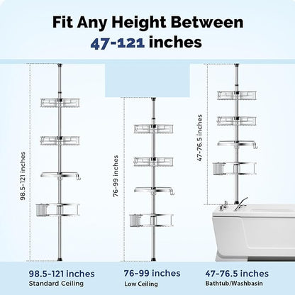 HAMITOR Corner Shower Caddy Tension Pole: Quick Installation 4-Tier Rustproof Bathroom Organizer Shelves for Bathtub Shampoo Storage - 47-121 inch Adjustable Floor Standing Bath Rack Holder - Silver