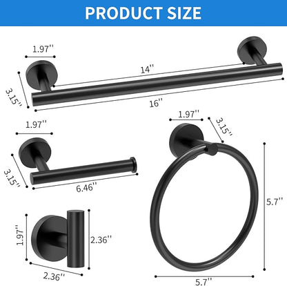 Matte Black Bathroom Accessories, Towel Bar Set 5 Pieces, SUS304 Stainless Steel Bathroom Hardware Set, 16 Inch Towel Bar for Bathroom Wall, Toilet PaperHolder and Towel Holder Set