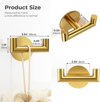 2 Pack Brushed Gold Bathroom Hooks for Towels - Self Adhesive Double Hooks for Wall, No Drilling, Stainless Steel 304, Strong Hold for Robes, Coats, Shower Use