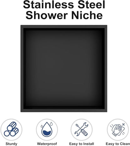 Achelous Stainless Steel Insert Shower Niche 12" X 12", No Tile Needed, Recessed Shower Shelf Organizer, Matte Black
