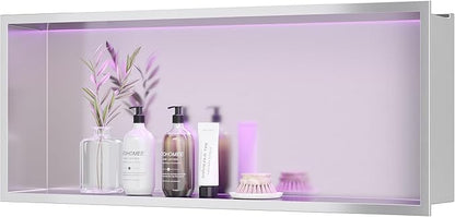 30X12 RGB Shower Niche, Brushed Nickel Stainless Steel LED Recessed Storage, No Tile Needed Wall Niche for Bathroom Storage Over Mount Installation