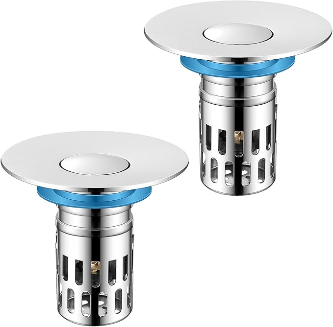 Universal Bathroom Sink Stopper, Pop Up Sink Drain Strainer Plug with Removable Stainless Steel Filter Basket Hair Catcher,Brass Body,Bathroom Bathtub Drain Stopper(2 PCS),Bright Silver