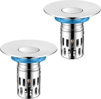 Universal Bathroom Sink Stopper, Pop Up Sink Drain Strainer Plug with Removable Stainless Steel Filter Basket Hair Catcher,Brass Body,Bathroom Bathtub Drain Stopper(2 PCS),Bright Silver