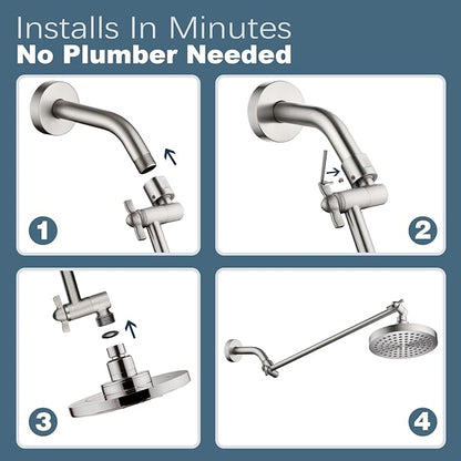 BRIGHT SHOWERS 15 Inch Extra Long Shower Head Extension Arm, Solid Brass Shower Arm Extender with Locking Screw for Rain and Handheld Showerhead, Height & Angle Adjustable, Brushed Nickel