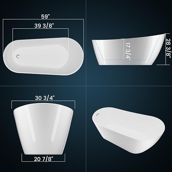Freestanding Bathtubs 59 inch Acrylic Free Standing Soaking Tub with Integrated Overflow, Luxury Soaking Tub for Modern Bathroom, Chrome Drain Included