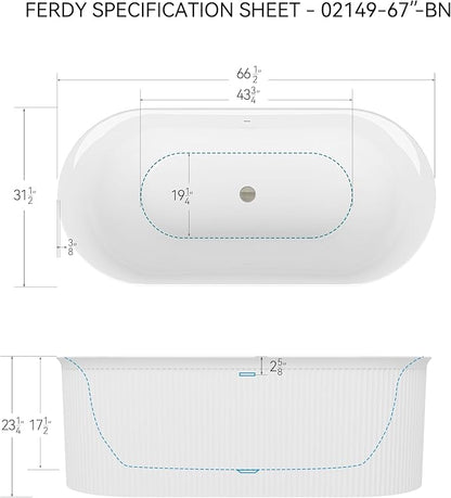 FerdY Nami 67" Acrylic Freestanding Bathtub, V Shape Freestanding Soaking Acrylic Bathtub, Modern White, cUPC Certified, Brushed Nickel Pop-Up