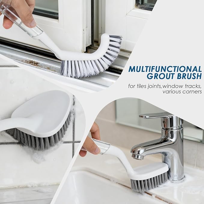 3 Pack Heavy Duty Bathroom Scrub Brush with Long Handle, Stiff Bristles Grout Brush, Scrub Brushes for Cleaning Bathroom, Shower, Tile, Tub, Carpet, Kitchen, Sink (Crystal Gray)
