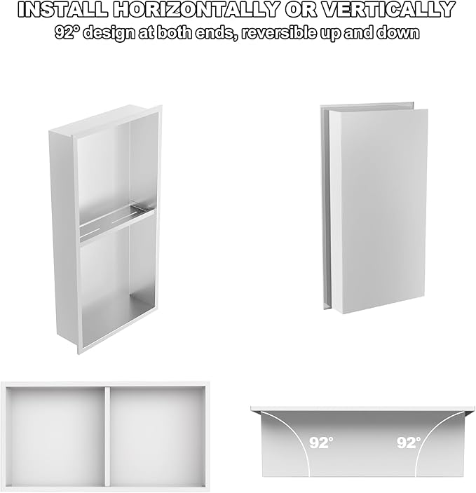 Real 304 Stainless Steel Shower Niche 12x24in-92° Quick Drain-No Tile Needed-2 Tier-Matte Recessed Wall Niche-Insert Shower Shelf-Built in Cabinet for Bathroom/Kitchen/Living Room/Study Storage